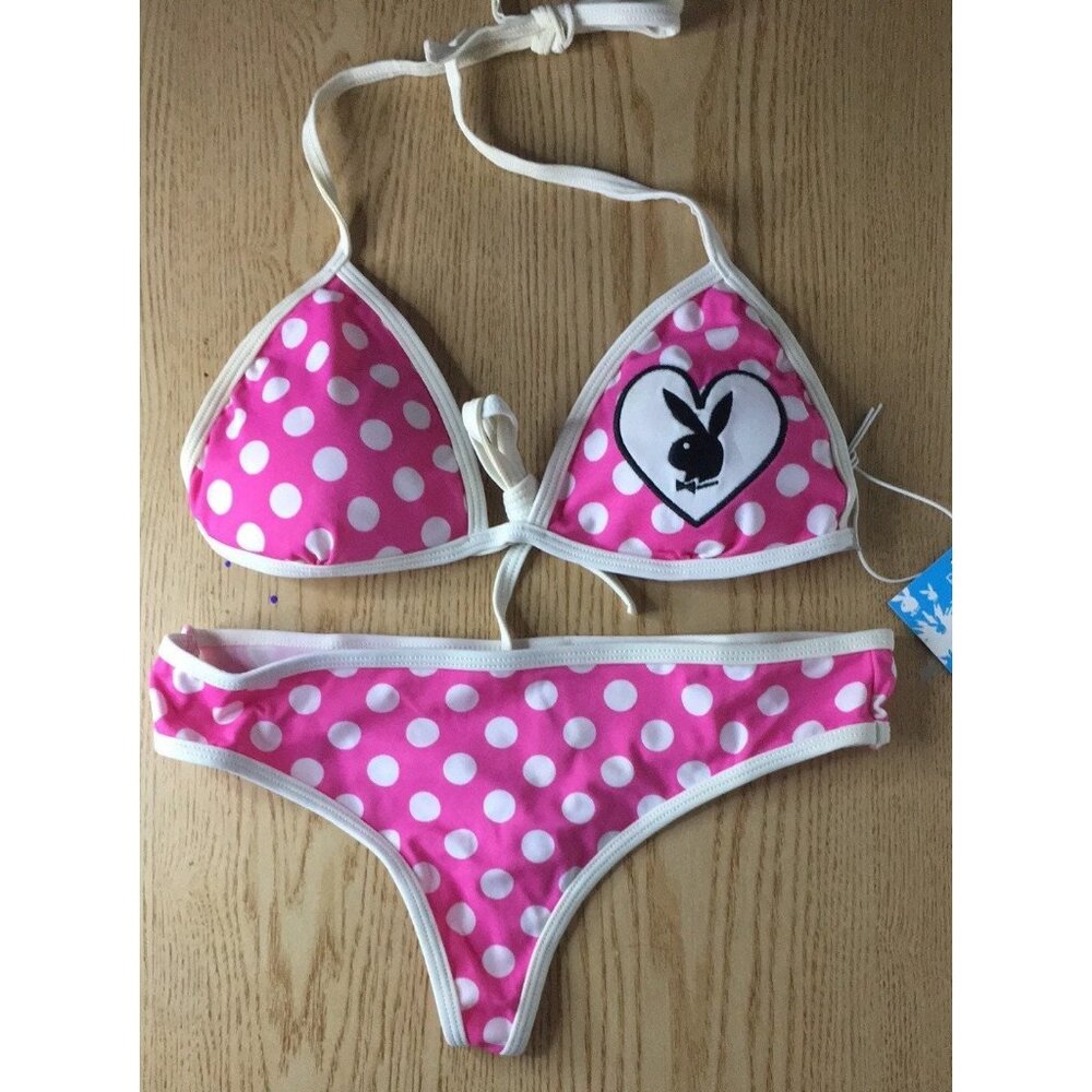 New Vintage 2Pc Playboy Polka Dot Thong Bikini Swimsuit Large